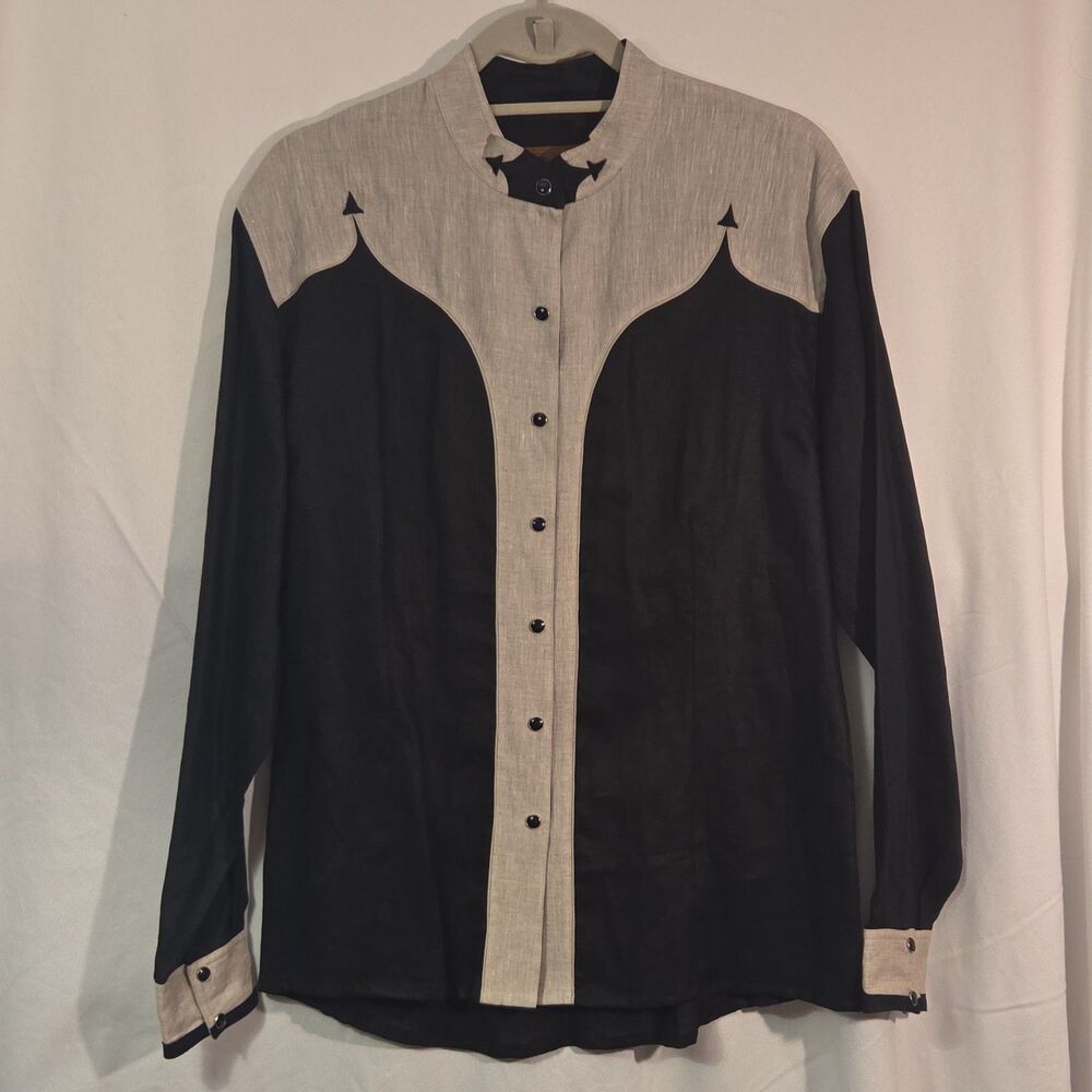 Rifle Range by Vera Vasiley Western Linen Shirt – Black & Beige Size M